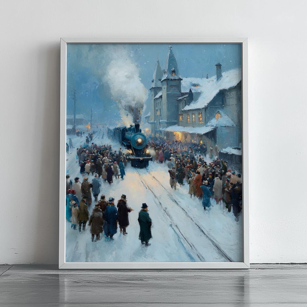 Vintage Christmas Eve Train Scene - Winter Railway Station Oil Painting ...
