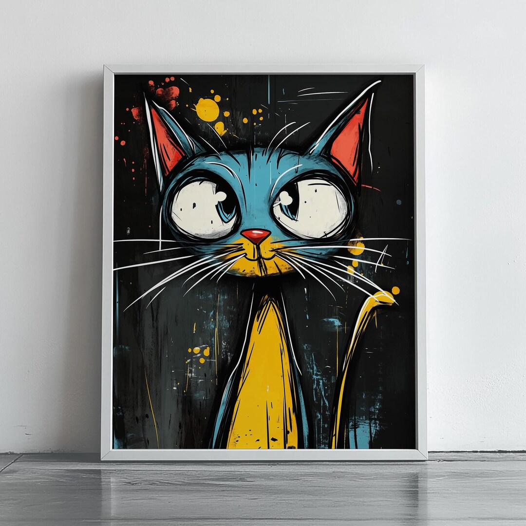 抽象的な猫の壁アート - ファンキーでカラフルな猫の絵画、印刷可能な
