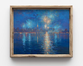 Night City Fireworks Painting, Moody NYC Skyline Printable Wall Art (Digital Download) 171