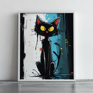 Abstract Black Cat Wall Art - Spooky Halloween Decor, Moody Cat Painting, Printable Halloween Art, Halloween Wall Decor, Digital Print 237