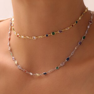 Elegant Gemstone Layered Chain Necklace, Colorful Baguette Chain, Chic Zircon Chain Necklace, Wedding Jewelry Wedding Gift, Bridesmaid Gift
