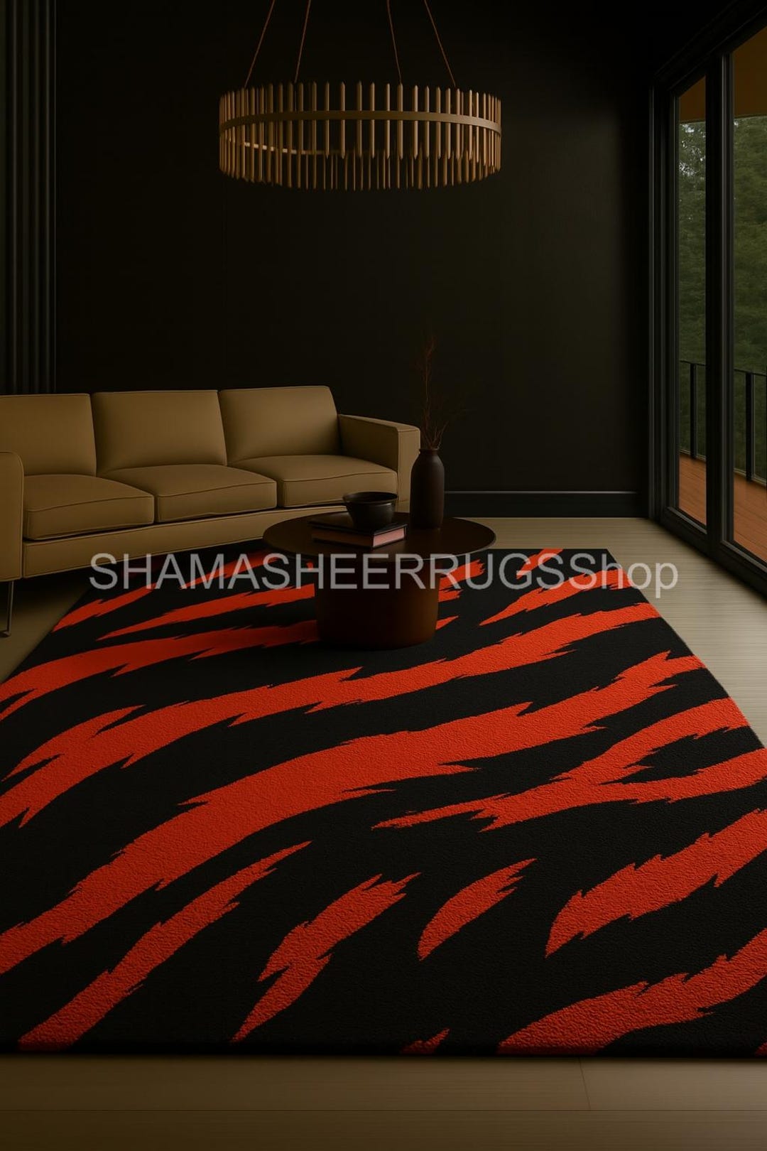 Modern Tiger Stripe Rug – Bold Black and Red Abstract Carpet for Living ...