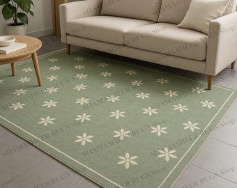 6x6 Hand Tufted Daisy Round Rug–boho Floral Area Rug | Cream & Sage ...