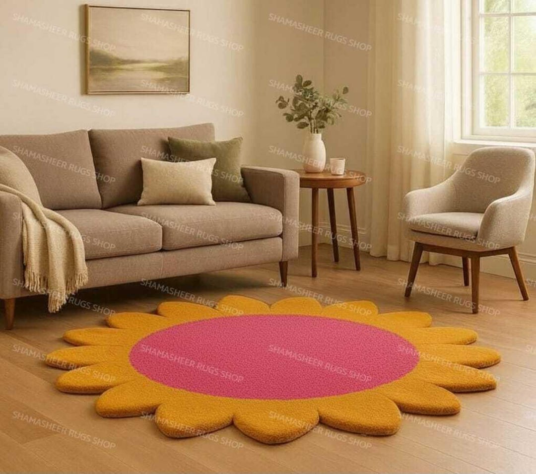 Hand-tufted Wool Sunflower Rug – Pink & Yellow Floral Carpet - Etsy