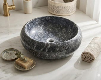 Handcrafted round washbasin made of grey marble, 41 cm – natural stone countertop basin for bathrooms, unique piece, modern design