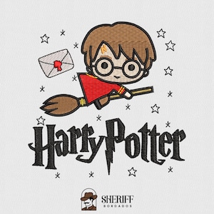 May include: Embroidered design featuring Harry Potter on a broomstick, with an envelope and stars. The words "Harry Potter" are in a stylized font. The design includes the "SHERIFF BORDADOS" logo.