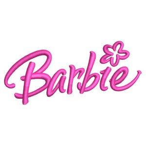May include: A pink embroidered design of the word "Barbie" in a cursive font, with a stylized flower replacing the letter "i". The design is set against a white background.