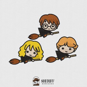 May include: Embroidered design featuring three cartoon characters on brooms. The characters have different hair colors: red, yellow, and orange. They wear black robes and ride on brown brooms. The design is on a white background.
