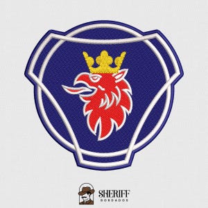 Puede incluir: Un parche bordado que muestra una cabeza de grifo roja con una corona amarilla sobre un fondo azul oscuro, encerrado en un borde en forma de escudo blanco y azul. Debajo del emblema, el texto dice Sheriff Bordados con un icono de sombrero marrón.