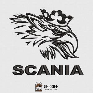 Pode incluir: Um design de bordado apresentando uma cabeça de grifo preta estilizada usando uma coroa, posicionada acima da palavra SCANIA em letras maiúsculas pretas em negrito. Na parte inferior, um pequeno logotipo inclui um ícone de chapéu marrom e o texto SHERIFF BORDADOS.