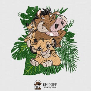 May include: Embroidered design featuring Simba, Timon, and Pumbaa from The Lion King, surrounded by green tropical leaves. The characters are in shades of tan, brown, and pink. The design includes the text "SHERIFF BORDADOS" at the bottom.
