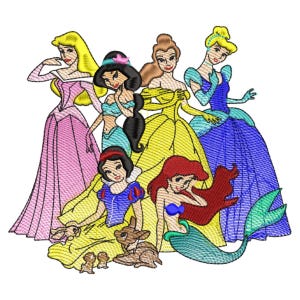 May include: Embroidered design featuring six cartoon princesses in colourful gowns. The princesses include Aurora in pink, Jasmine in turquoise, Belle in yellow, Cinderella in blue, Snow White in yellow and Ariel with a mermaid tail.