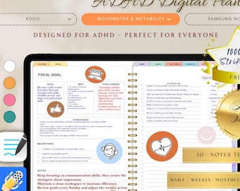 May include: Digital ADHD planner displayed on a tablet, featuring a detailed layout with sections for goals, challenges, and action plans. Includes a stylus, a gold star with "1000+ Strikers FREE", and a "High Quality" seal. The planner offers 30+ note templates and daily, weekly, and monthly options.