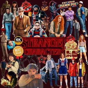 Może przedstawiać: Cyfrowy kolaż przedstawiający różne postacie z serialu telewizyjnego Stranger Things, w tym postacie w ubraniach w stylu vintage, potwory oraz elementy tekstowe, takie jak "EAT YOUR DAMN PIE" i "STRANGER CHARACTERS" na ciemnym tle.