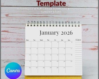 Editable 2026 Calendar Canva Template | Printable Monthly & Yearly Desk/ wall Calendar | Fillable Minimalist Design