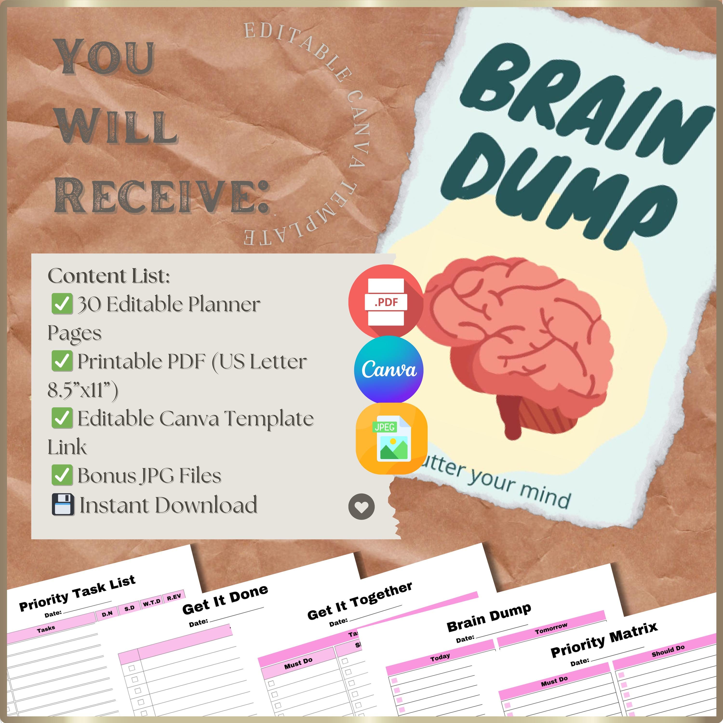 Brain Dump Planner : Printable (PDF) and Editable (canva) Goal Setting ...