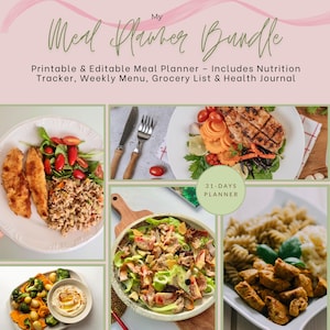 Editable Meal Planner Bundle: Canva Template, Recipes, Grocery Lists (Printable PDF & Digital Download