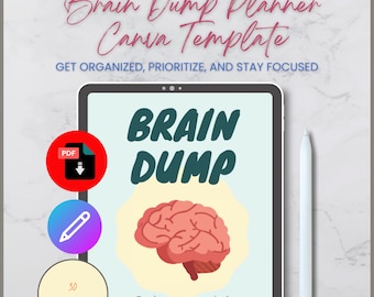 Brain Dump Planner : Printable (PDF) and Editable (Canva) Goal Setting Organizer | Thought Declutter
