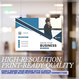 以下が含まれることがあります： 青と白のデザインのポスターで、右側にビジネスプロフェッショナルがいます。ポスターには「GROW YOUR BUSINESS WITH US！」と「HIGH-RESOLUTION、PRINT-READY QUALITY」というテキストが含まれています。