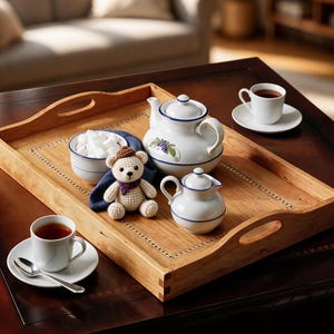 Puede incluir: Una bandeja de madera rectangular con asas recortadas, que presenta un centro de madera clara con un borde decorativo. Contiene una tetera de cerámica blanca, una lechera, un cuenco con terrones de azúcar y un pequeño oso de ganchillo.