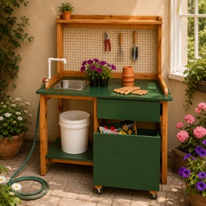 Pode incluir: Uma bancada de jardinagem de madeira com superfície de trabalho verde, pia de metal e torneira branca. Possui um painel perfurado com ferramentas de jardim penduradas, uma prateleira inferior com um balde branco, uma gaveta e um cesto móvel.
