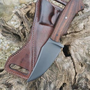 Hand Forged D2 Steel Skinner Knife: Rosewood Handle, Leather Sheath