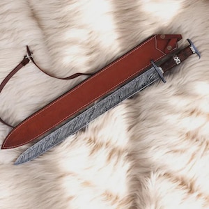 Personalized Damascus Steel Celtic Sword | Handmade Medieval Blade with Leather Sheath | Gift for Him | Wall Decor | WhiteBladeSmith