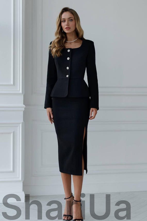 Black Tweed Skirt Suit: Elegant Office Outfit, Wedding Guest