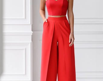 Completo pantalone con corsetto rosso, pantaloni a vita alta, completo in crêpe fatto a mano