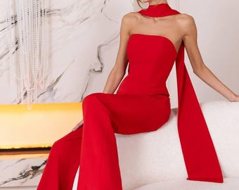 Completo pantalone rosso da donna, completo rosso, completo formale da 2 pezzi