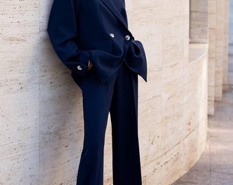 Blue Women Pantsuit, Oversized Blazer, Wide Leg, Business women  suit