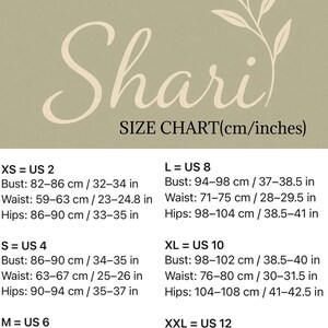 May include: A size chart with the brand name "Shari" in a cursive font. The chart includes bust, waist, and hip measurements in both centimeters and inches for sizes XS (US 2) to XXL (US 12). A decorative floral element is in the upper right corner.
