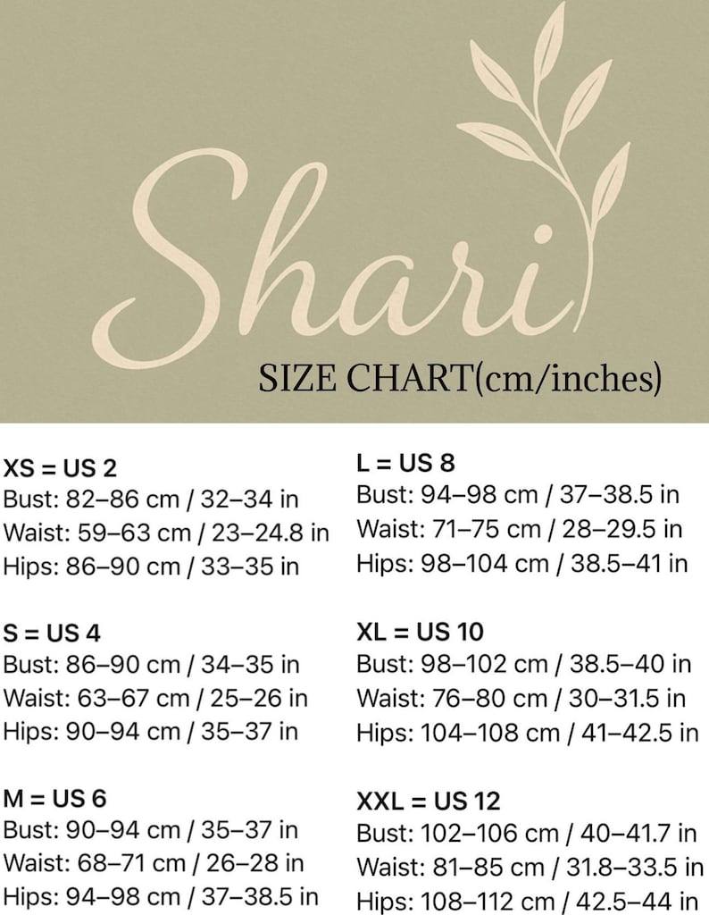 May include: A size chart with the brand name "Shari" in a cursive font. The chart includes bust, waist, and hip measurements in both centimeters and inches for sizes XS (US 2) to XXL (US 12). A decorative floral element is in the upper right corner.