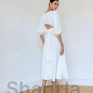 Modern Bridal Midi Dress with Puff Sleeves & Open Back – Elegant Civil Wedding Dress, Minimalist Party Dress
