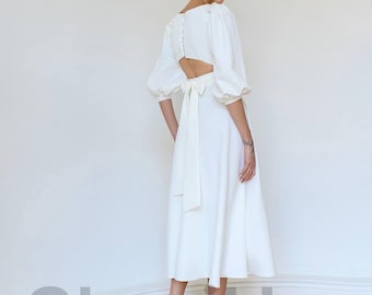 Modern Midi Bridal Dress – Puff Sleeves, Open Back, Minimalist Wedding