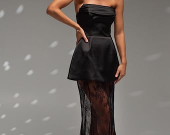 Black Satin Corset Dress: Lace Maxi Skirt Formal Evening Gown