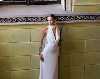 Satin Halter Neck Wedding Dress with Scarf, Open Back