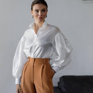 Sheer Organza Blouse: Ruffled Flared Cuffs, Structured Collar