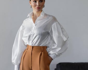 Sheer Organza Blouse: Ruffled Flared Cuffs, Structured Collar