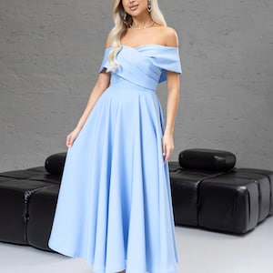 Light Blue Off-Shoulder Midi Dress: A-Line Puffy Skirt Crepe Gown
