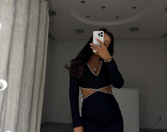 Black Bodycon Mini Dress, Crystal Trim Cutout, Long Sleeve