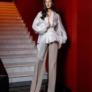 White Puff sleeve shirt, statement blouse, party blouse women, red silk blouse, wrap organza shirt, festive blouse, sheer puff sleeves