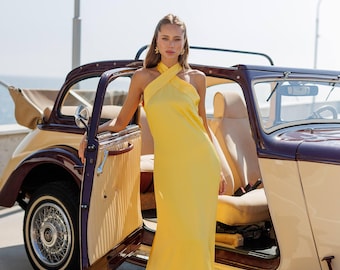 Vestido largo de satén amarillo, vestido de noche con espalda descubierta