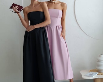Black Corset Midi Dress: Strapless A-Line Crepe Gown