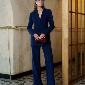 Ensemble tailleur-pantalon bleu marine pour femme, blazer et pantalon | Costume blazer long| Costume de cérémonie élégant pour femme|Tenue de travail chic pour femme