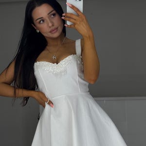 White mini Dress,Beaded Denim  Dress,Bridal Party Dress,Hand-Embroidered Bodice,Mini A-Line White Dress,Mini dress,whire corset dress