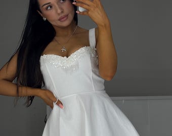 White Denim Mini Dress, Hand-Embroidered Beaded Bodice