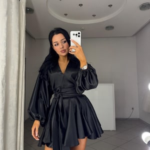 Black Silk Satin Mini Dress – Dress Puff Sleeves & Full Skirt | Evening or Formal Guest Outfit|Mini dress |Black mini dress