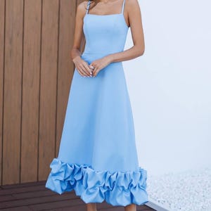 Light Blue Maxi Dress: Ruffle Hem Crepe Gown, Summer Formal Occasion