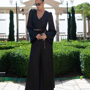Black Satin Pantsuit: Wide-Leg Palazzo Trousers, Long Sleeve Crop Top